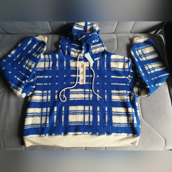 NWT Anthropologie Porridge Quinn Sherpa Fleece Blue Cream Sporty Hoodie - Picture 5 of 15
